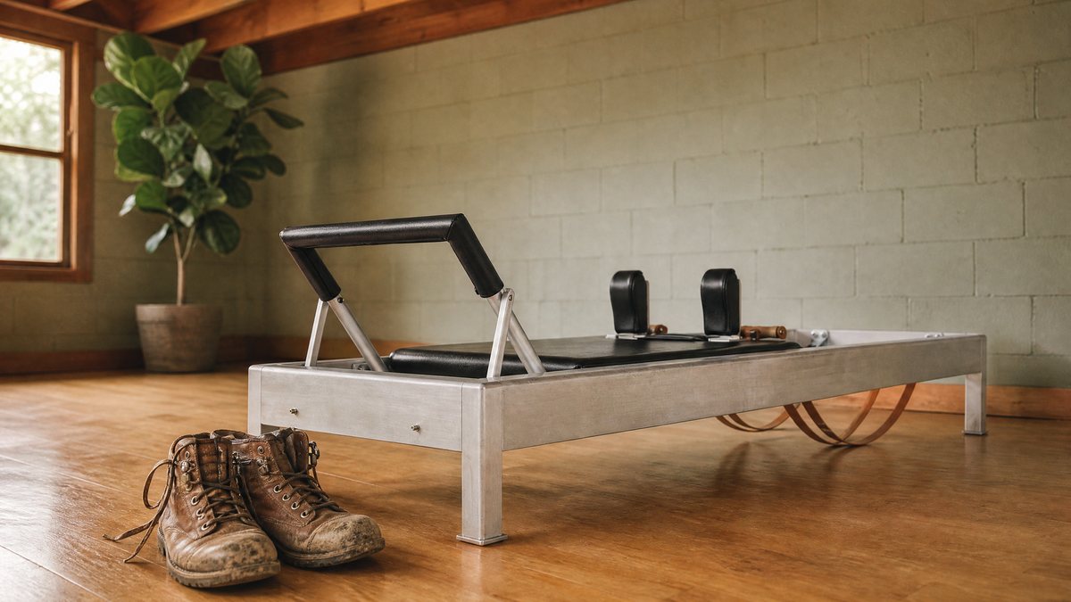 Private one-on-one Pilates reformer in a Los Angeles studio with worn hiking boots on the floor