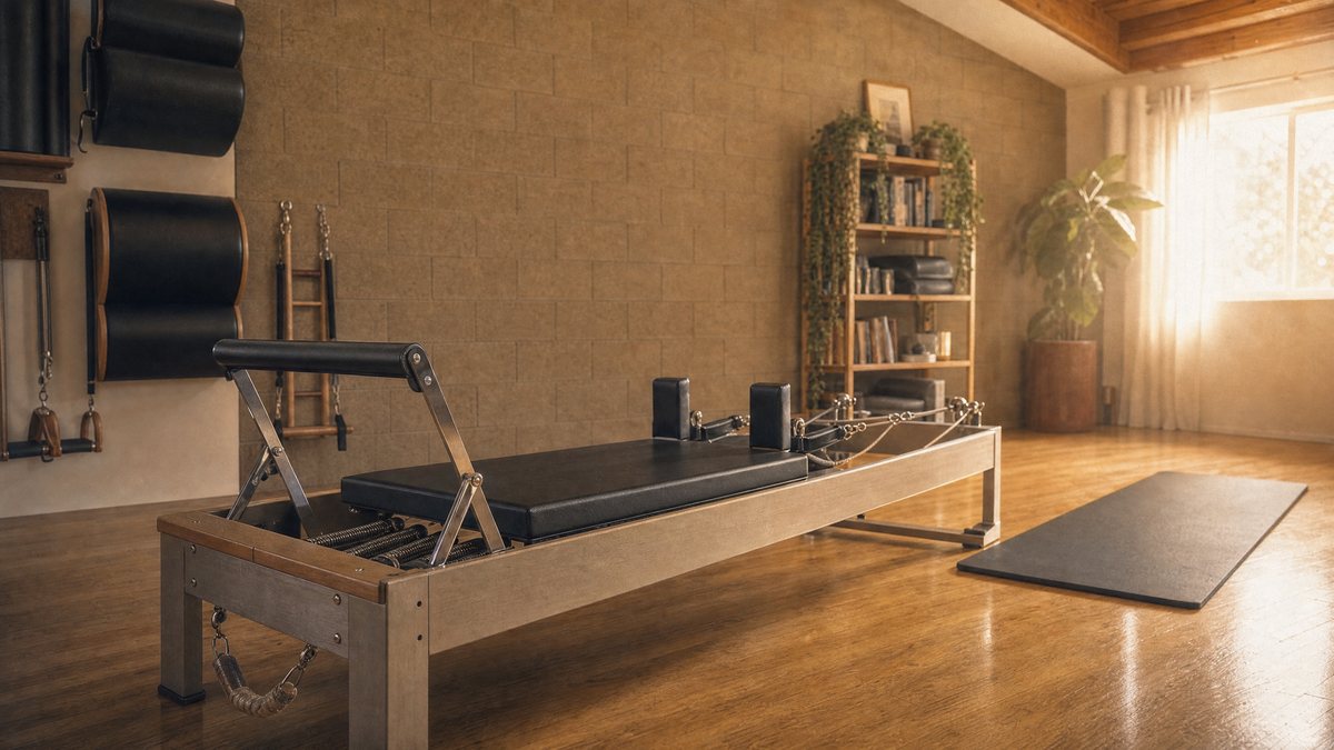 Classical wood-and-steel Pilates reformer beside a mat in a private West Hollywood Contrology studio