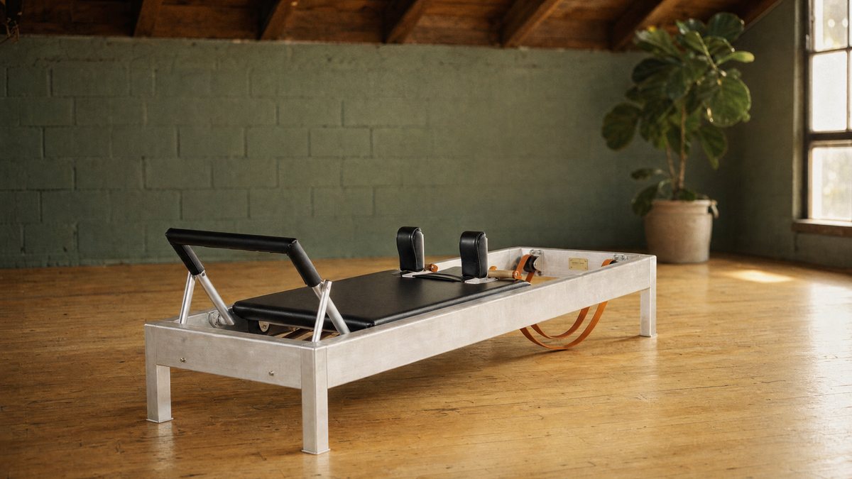 An authentic Contrology Pilates reformer with a low aluminum frame, black leather footbar, and tan leather straps at a private West Hollywood studio